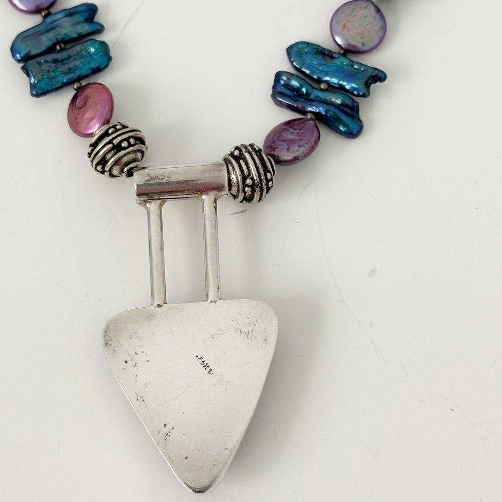 Genuine Sterling Silver Necklace, Blue & Pink Pearls, Dichrioc Glass Pendant - Picture 11 of 11